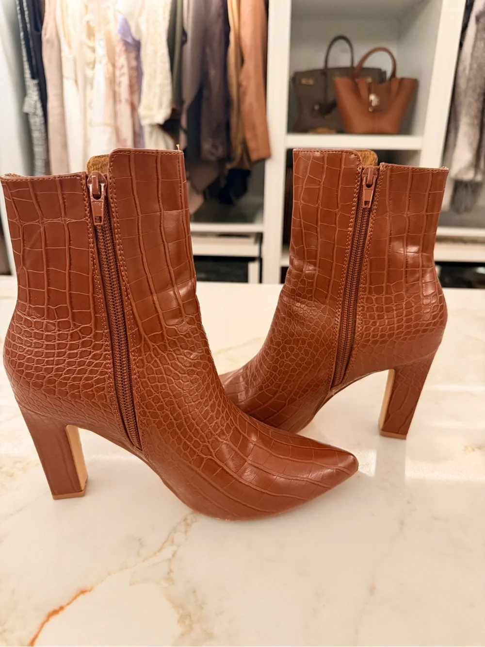 Women's Croc-Embossed Brown High-Heel Ankle Boots